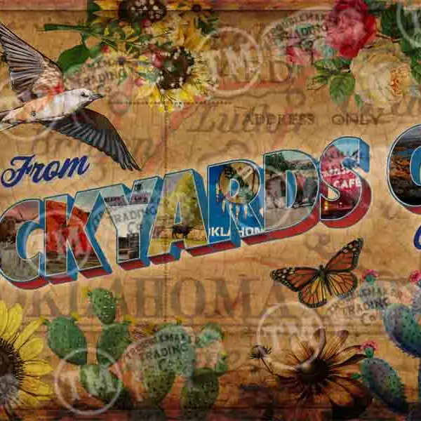 Western wall art with 'STOCKYARDS' text, flowers, and butterflies on a textured background.