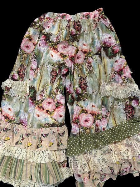 bohemian wide leg pants with patchwork floral design - back view