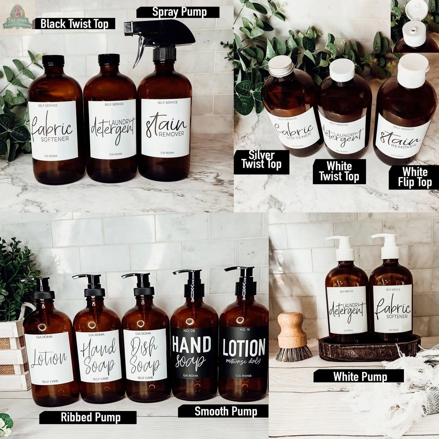 Several 16oz Glass Amber | White Label bottles with various pumps and lids, including a soap dispenser, are arranged on a counter. Each waterproof label clearly identifies contents such as fabric softener, detergent, soap, and lotion.