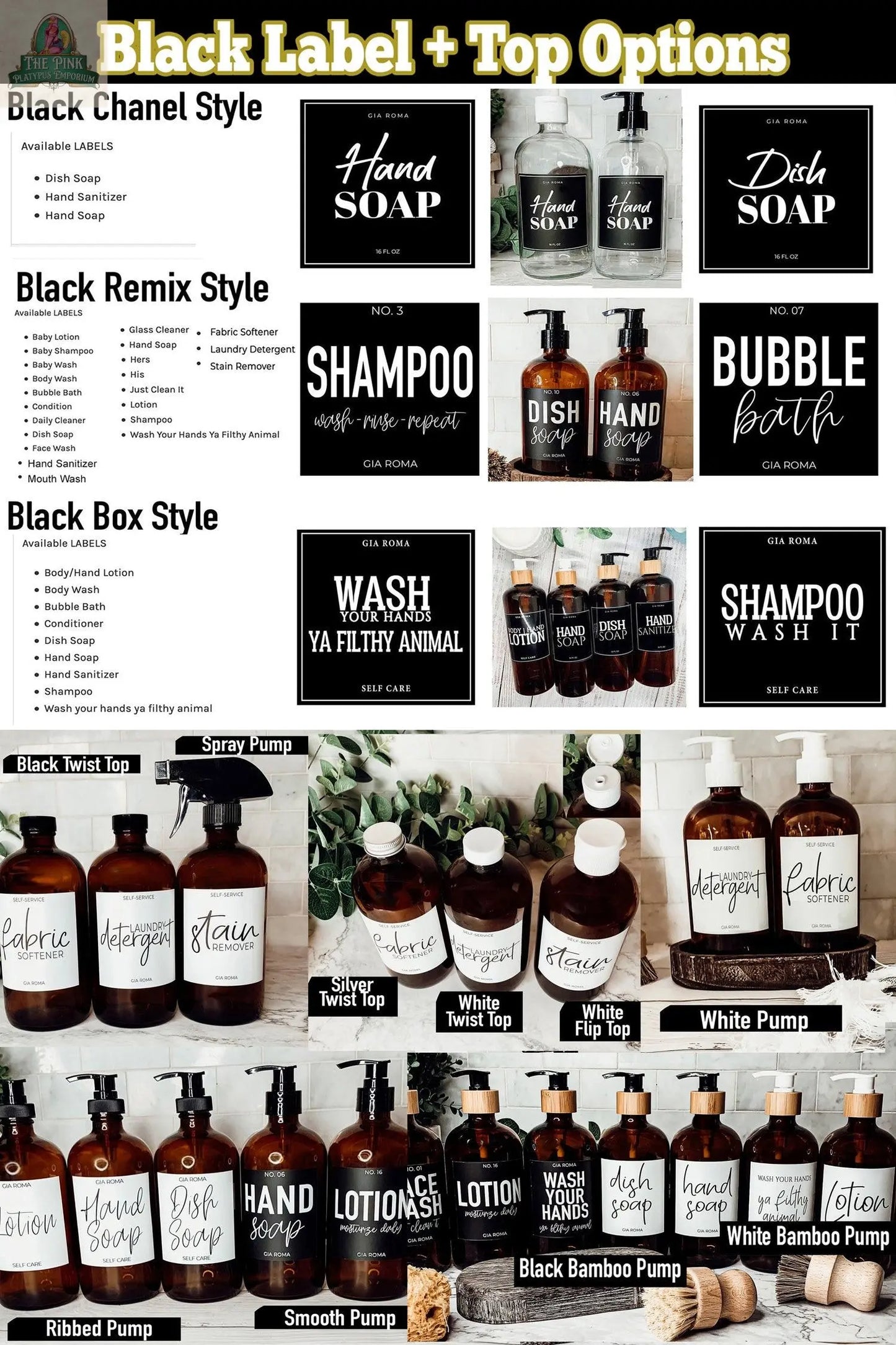 A catalog page displays white label design options for 16oz glass amber bottles, suitable for hand soap, dish soap, shampoo, and more, with waterproof labels and various cap or pump dispenser styles.