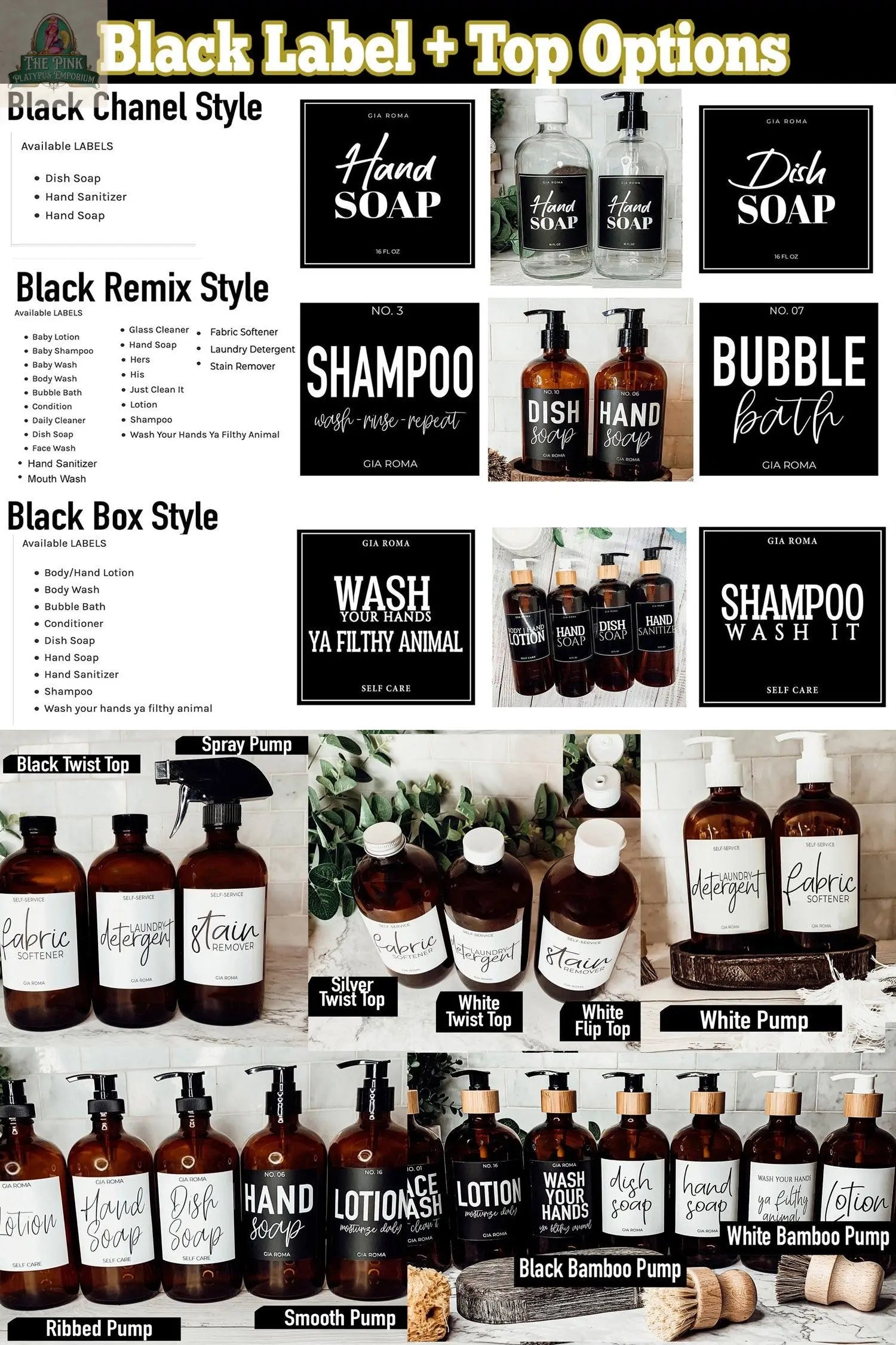 A catalog page displays white label design options for 16oz glass amber bottles, suitable for hand soap, dish soap, shampoo, and more, with waterproof labels and various cap or pump dispenser styles.