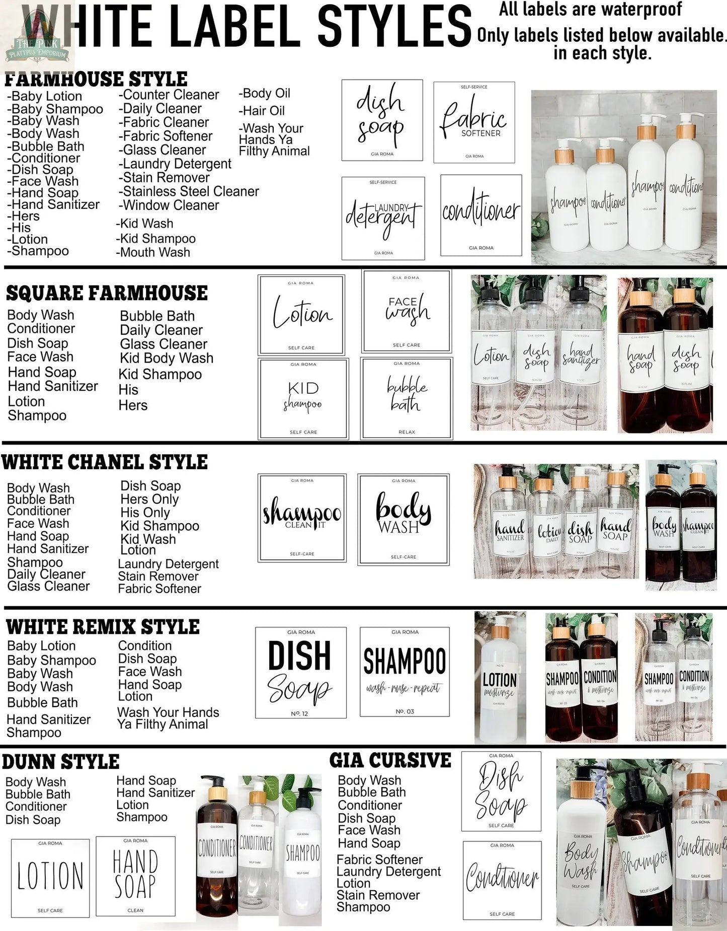 Explore a comparison chart of waterproof label styles, perfect for the 16oz Glass Clear | White Label bottle, with examples in Farmhouse, Square, White Chanel, White Remix, Farmhouse Square, and Gia Cursive label styles.