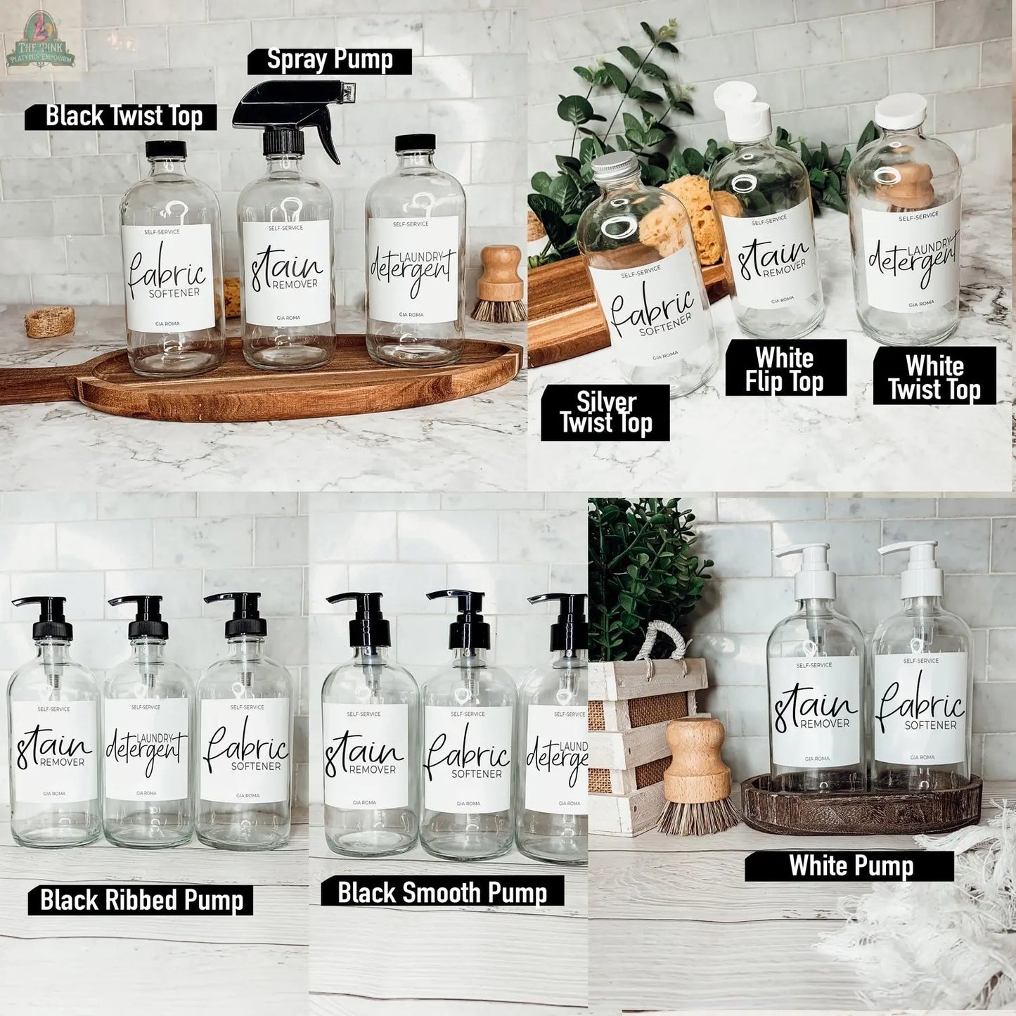 The 16oz Glass Clear | White Label bottles, each with unique lids like black twist, spray pump, silver twist, and white flip, are neatly displayed on counters and ideal for organizing laundry products.