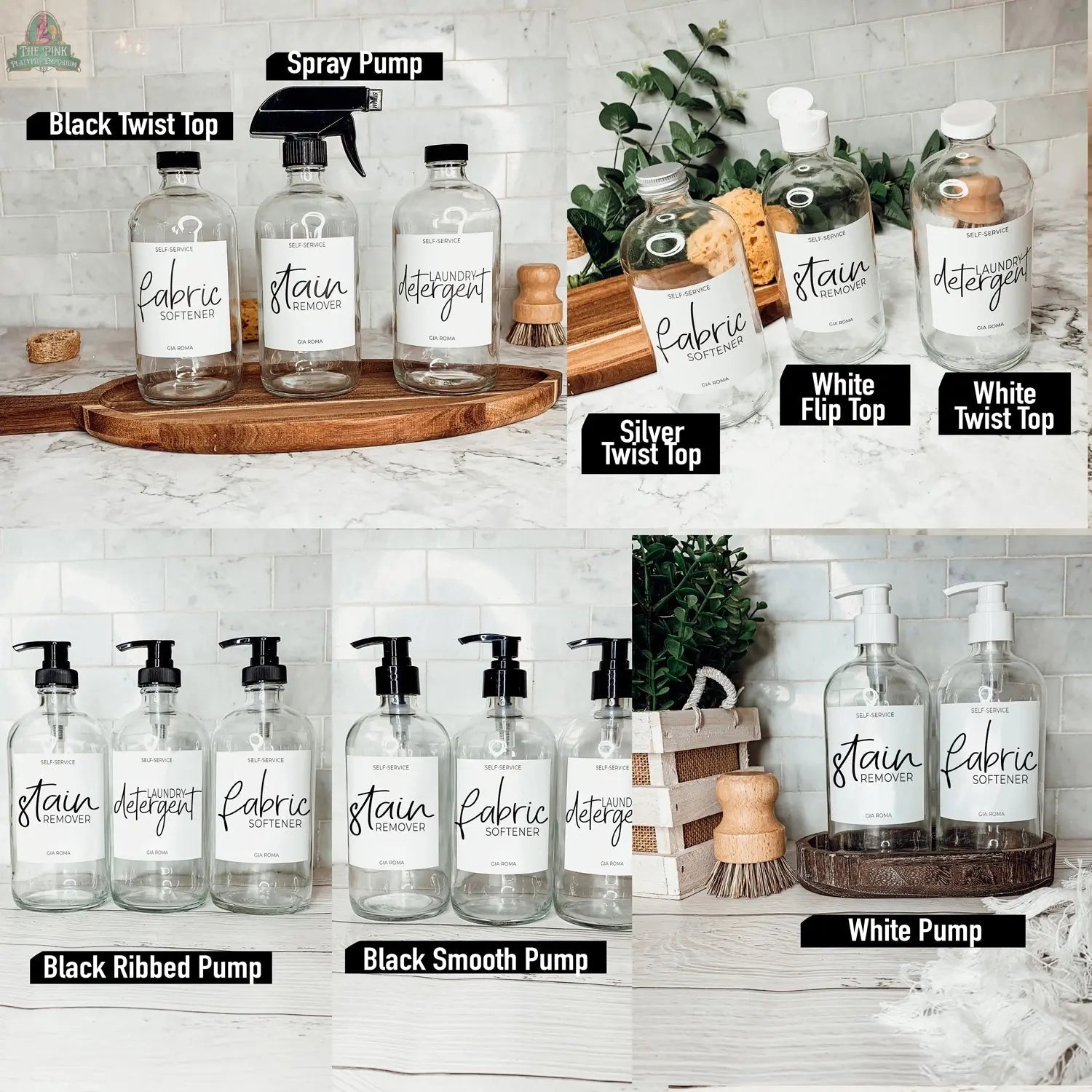 The 16oz Glass Clear | White Label bottles, each with unique lids like black twist, spray pump, silver twist, and white flip, are neatly displayed on counters and ideal for organizing laundry products.