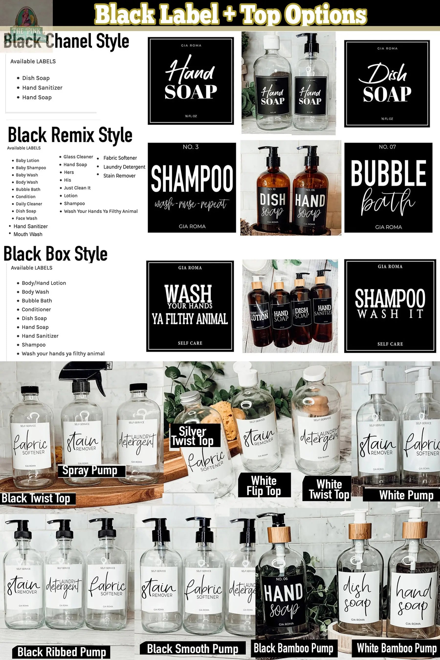 A selection guide for 16oz Glass Clear | White Label soap dispensers, ideal for hand soap, shampoo, or dish soap. Includes waterproof labels and pump tops in black, white, silver, or bamboo for a stylish and functional option.