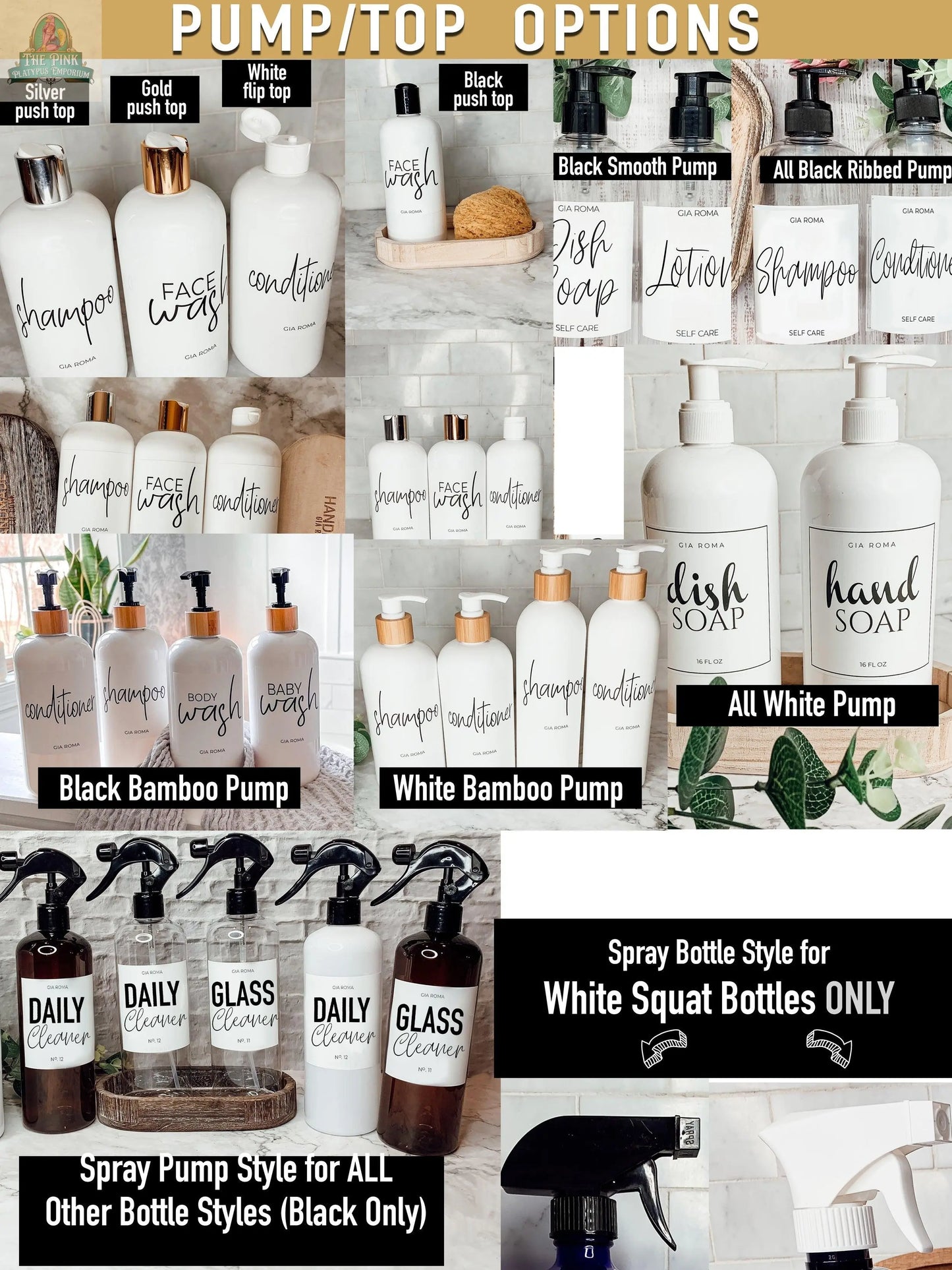 A collage featuring 16oz Plastic Black Bottles, complete with a waterproof label and a stylish refillable dispenser.