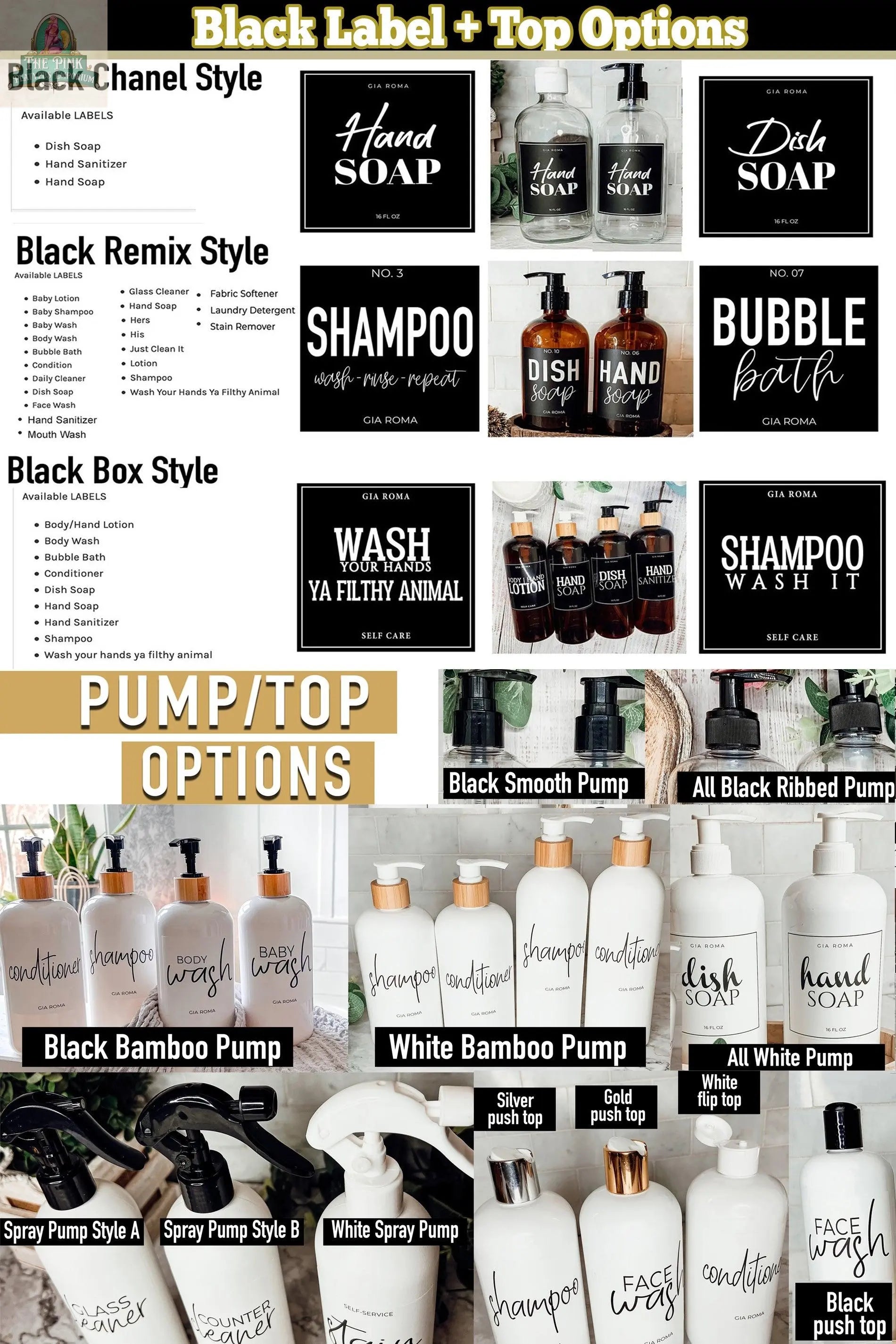 Image featuring 16oz Plastic Cleaning Bottles with black label designs—Chanel, Remix, and Box styles—plus waterproof label options and pumps in bamboo, white, or black, ideal for reusable dispensers.