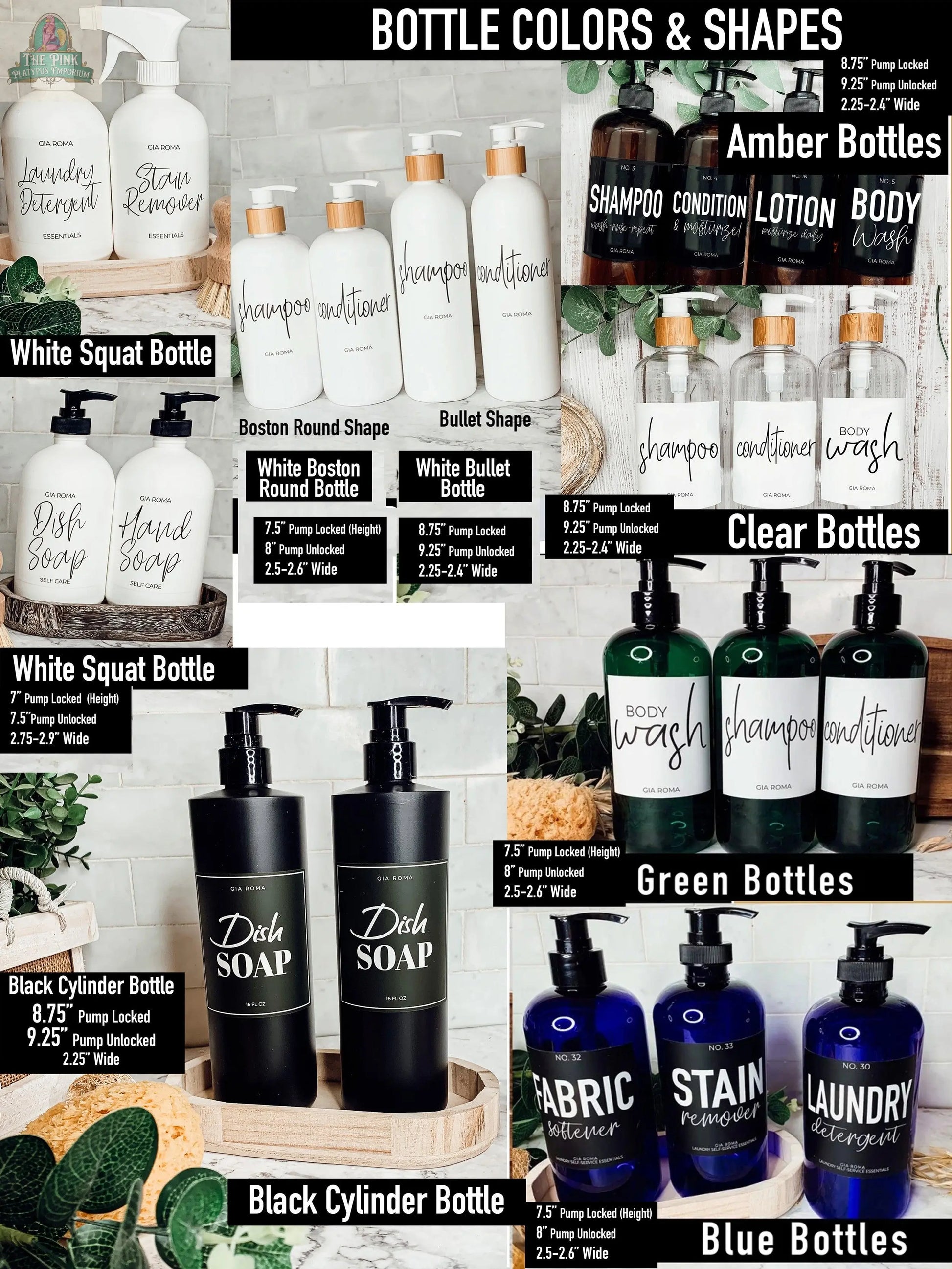 A collage features refillable dispensers and cleaning bottles in various glass colors, each labeled with use and dimensions, plus a 16oz Plastic White | White Label bottle among assorted pump styles.