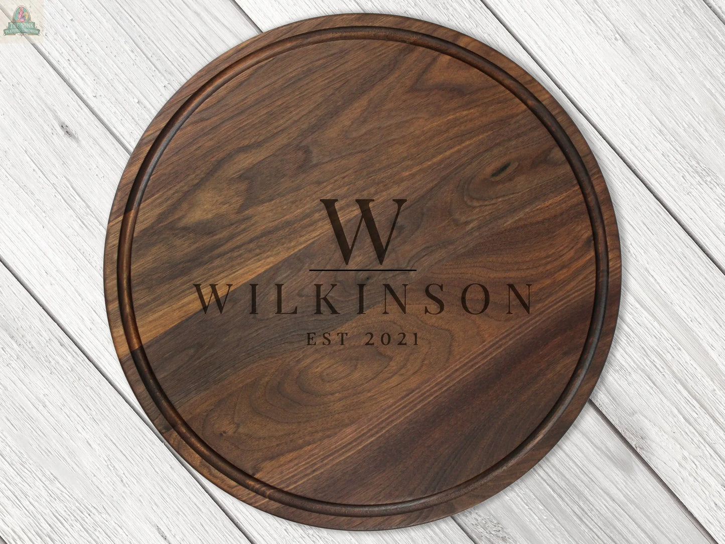 18" Walnut Personalized Round Board with Juice Groove, 18” Round Personalized Charcuterie Board, Wedding Gift, Gift For the Couple, USA Made Pink Platypus Emporium
