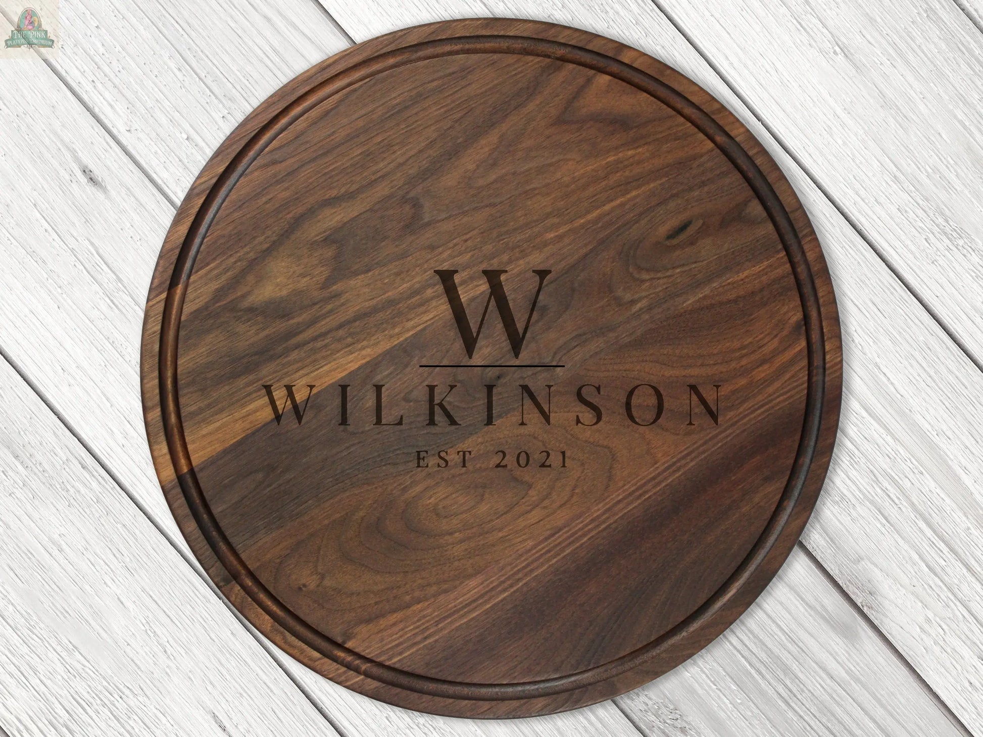 18" Walnut Personalized Round Board with Juice Groove, 18” Round Personalized Charcuterie Board, Wedding Gift, Gift For the Couple, USA Made Pink Platypus Emporium