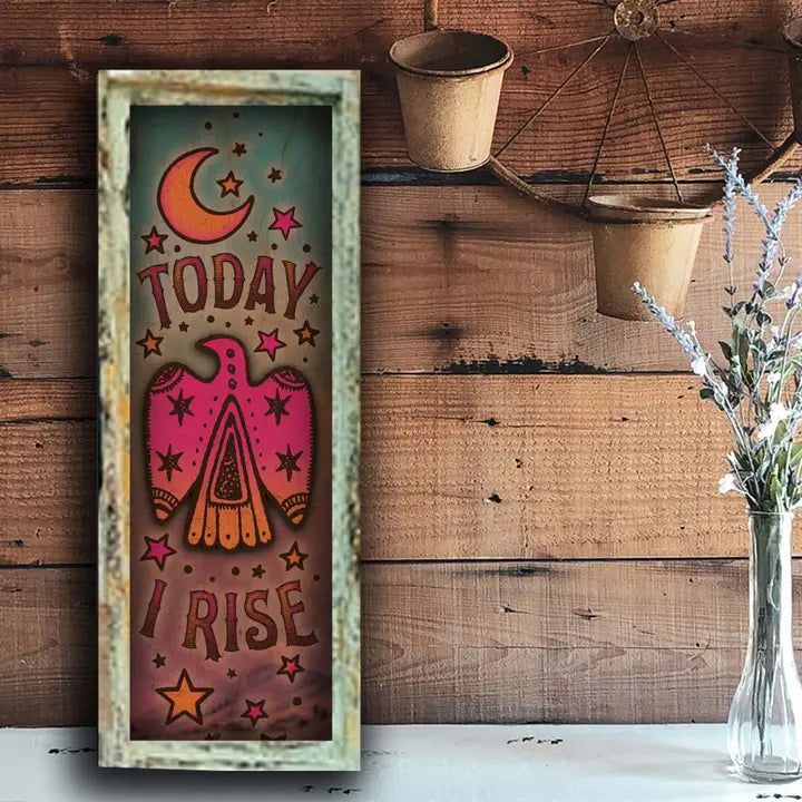 rustic wall art with 'Today I Rise' text on a wooden background