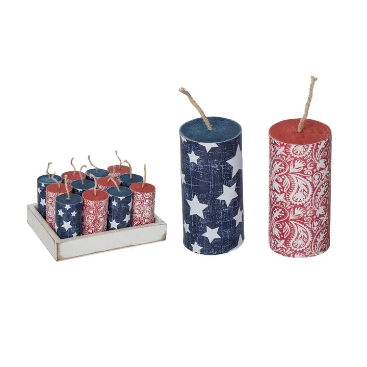 Set of patriotic fireworks decor with star and pattern designs on a white background
