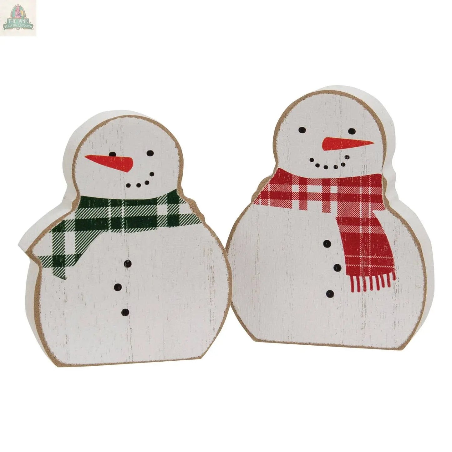The 2/Set, Red & Green Scarf Wooden Snowman Sitters feature painted eyes, carrot noses, and plaid scarves—adding a cheerful, farmhouse holiday accent to your decor.