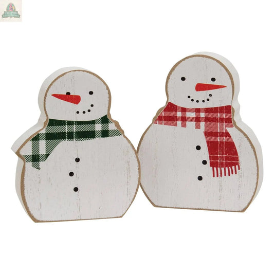 The 2/Set, Red & Green Scarf Wooden Snowman Sitters feature painted eyes, carrot noses, and plaid scarves—adding a cheerful, farmhouse holiday accent to your decor.