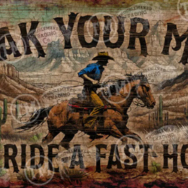 Vintage-style western wall art with a cowboy riding a horse and text on a rustic background