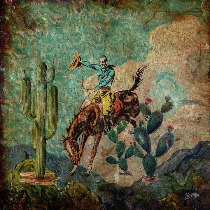 Painting of a cowboy riding a horse with cacti and mountains in the background -  unique housewarming gift