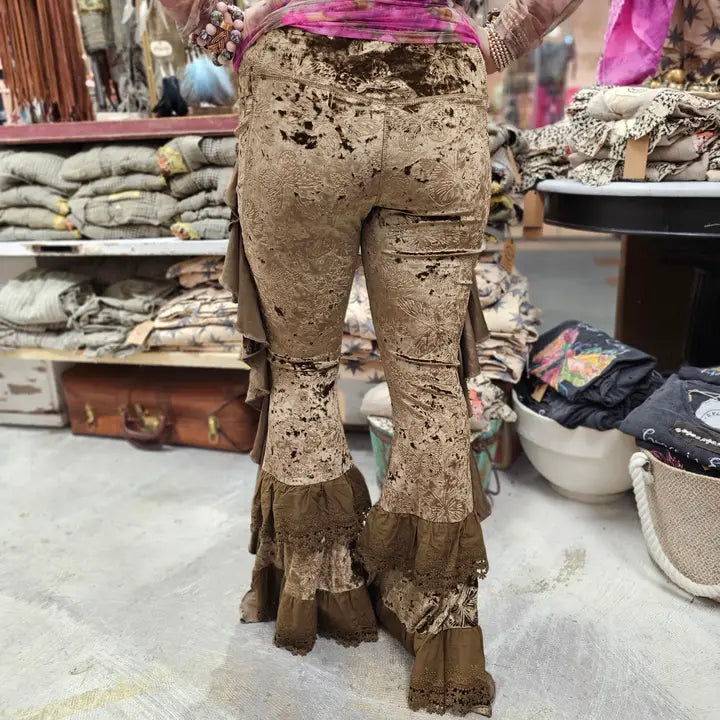 Person wearing Brown Velvet Butterfly Ruffle Leggings for Women in a store setting
