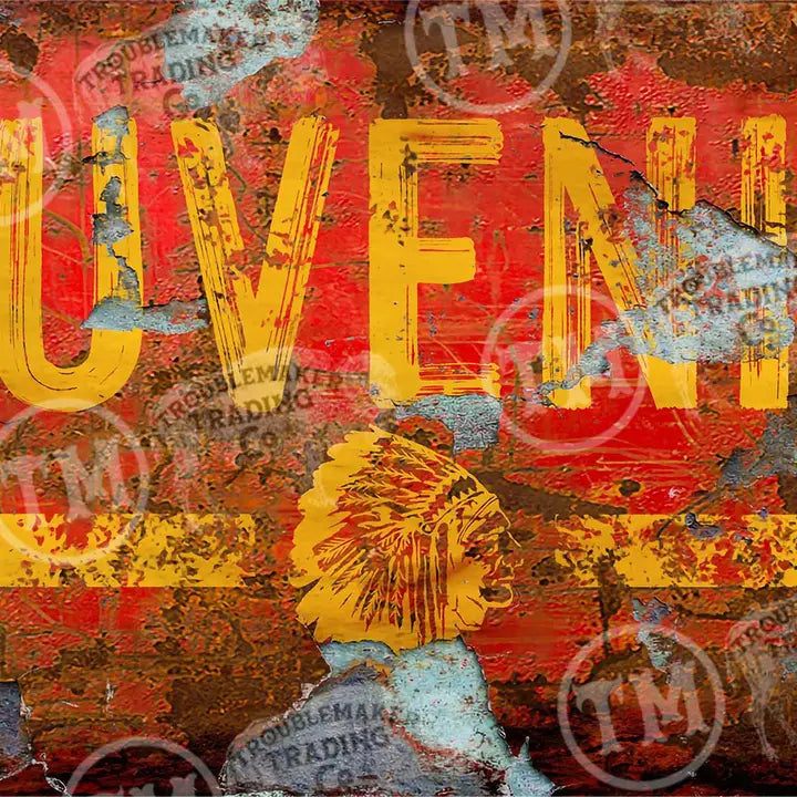 Rustic wall art with 'SOUVENIRS' text and logo, featuring a distressed texture.