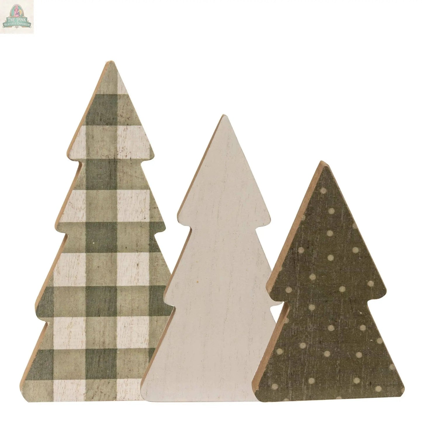 The 3/Set Country Print Chunky Trees features three freestanding wooden Christmas trees: a green plaid tree, a plain white tree, and a green tree with white polka dots—perfect festive decor for your home.