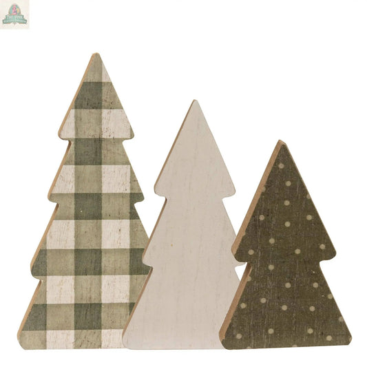 The 3/Set Country Print Chunky Trees features three freestanding wooden Christmas trees: a green plaid tree, a plain white tree, and a green tree with white polka dots—perfect festive decor for your home.