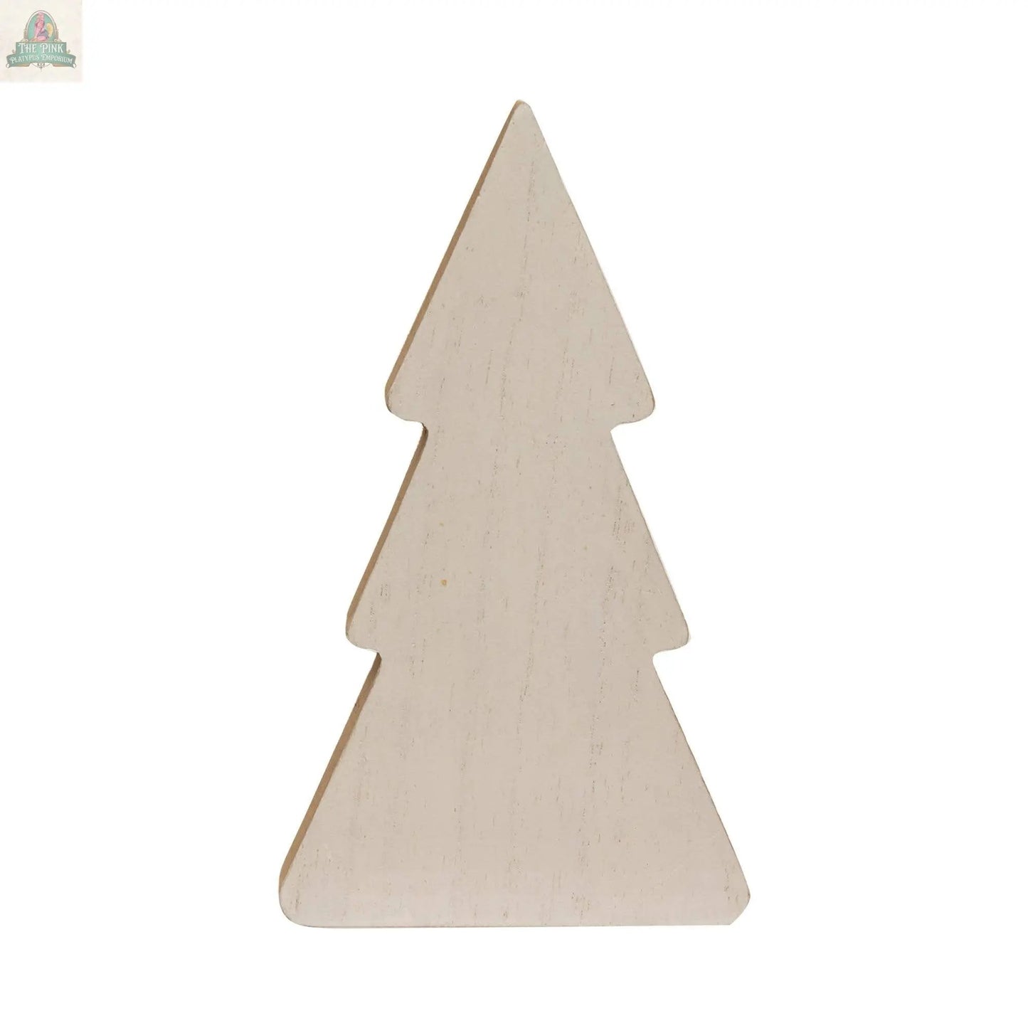 The 3/Set Country Print Chunky Trees are simple, light-colored wooden Christmas tree cutouts with a smooth, ornament-free surface. These freestanding decorations are a charming addition to your holiday decor. Photographed on a white background.