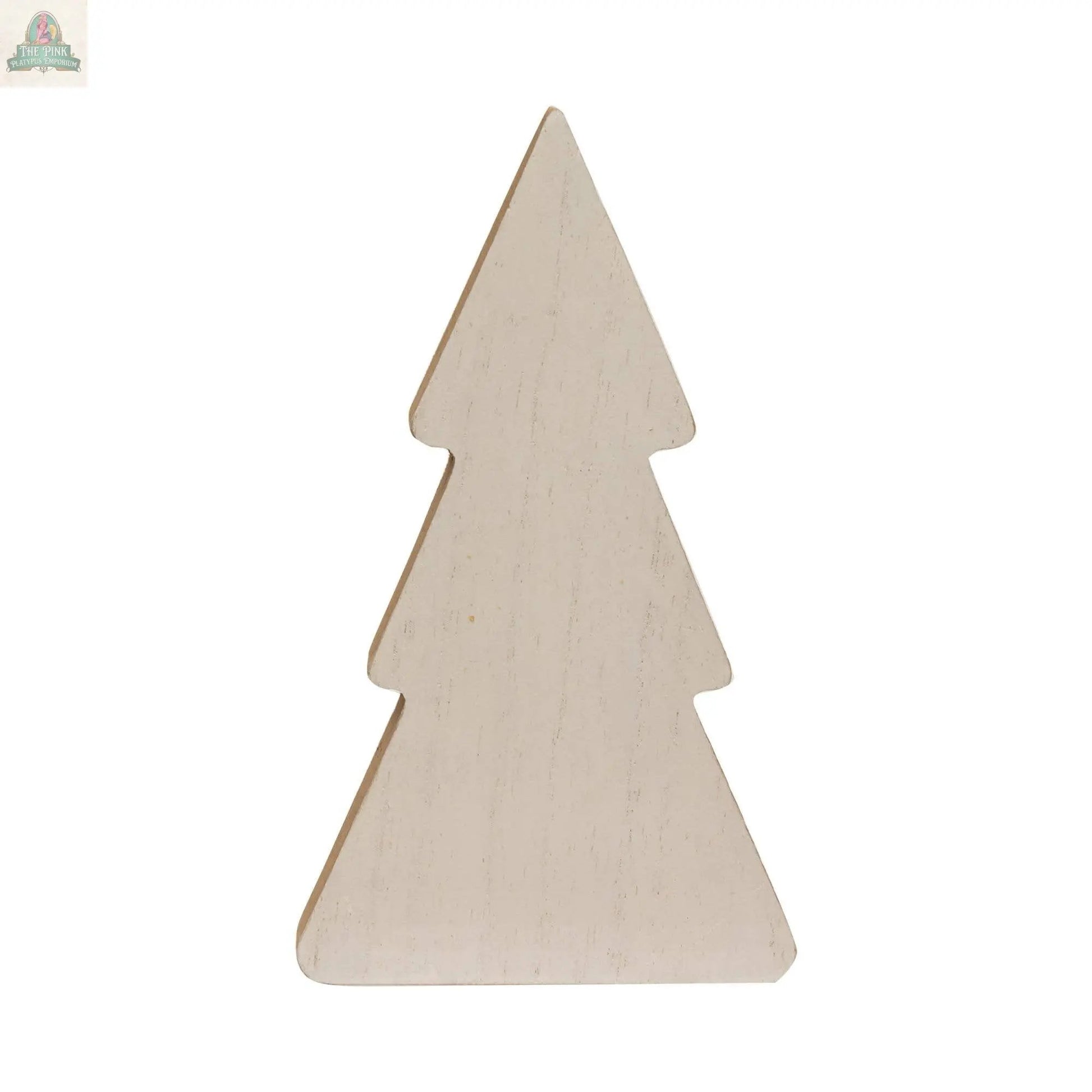 The 3/Set Country Print Chunky Trees are simple, light-colored wooden Christmas tree cutouts with a smooth, ornament-free surface. These freestanding decorations are a charming addition to your holiday decor. Photographed on a white background.