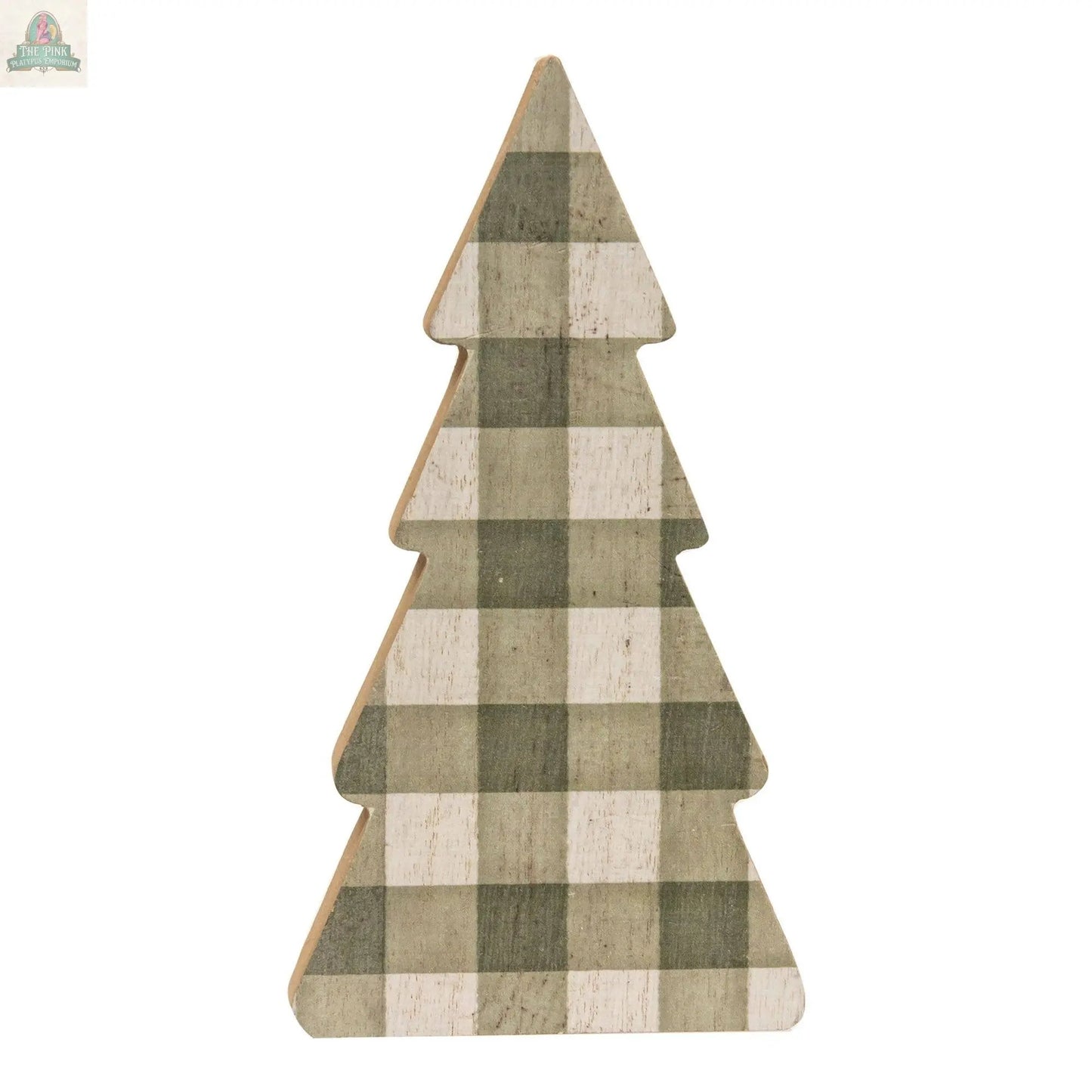The 3/Set Country Print Chunky Trees features wooden Christmas tree sitters in green and white plaid, shaped like pine trees, making charming holiday decor accents against a white background.