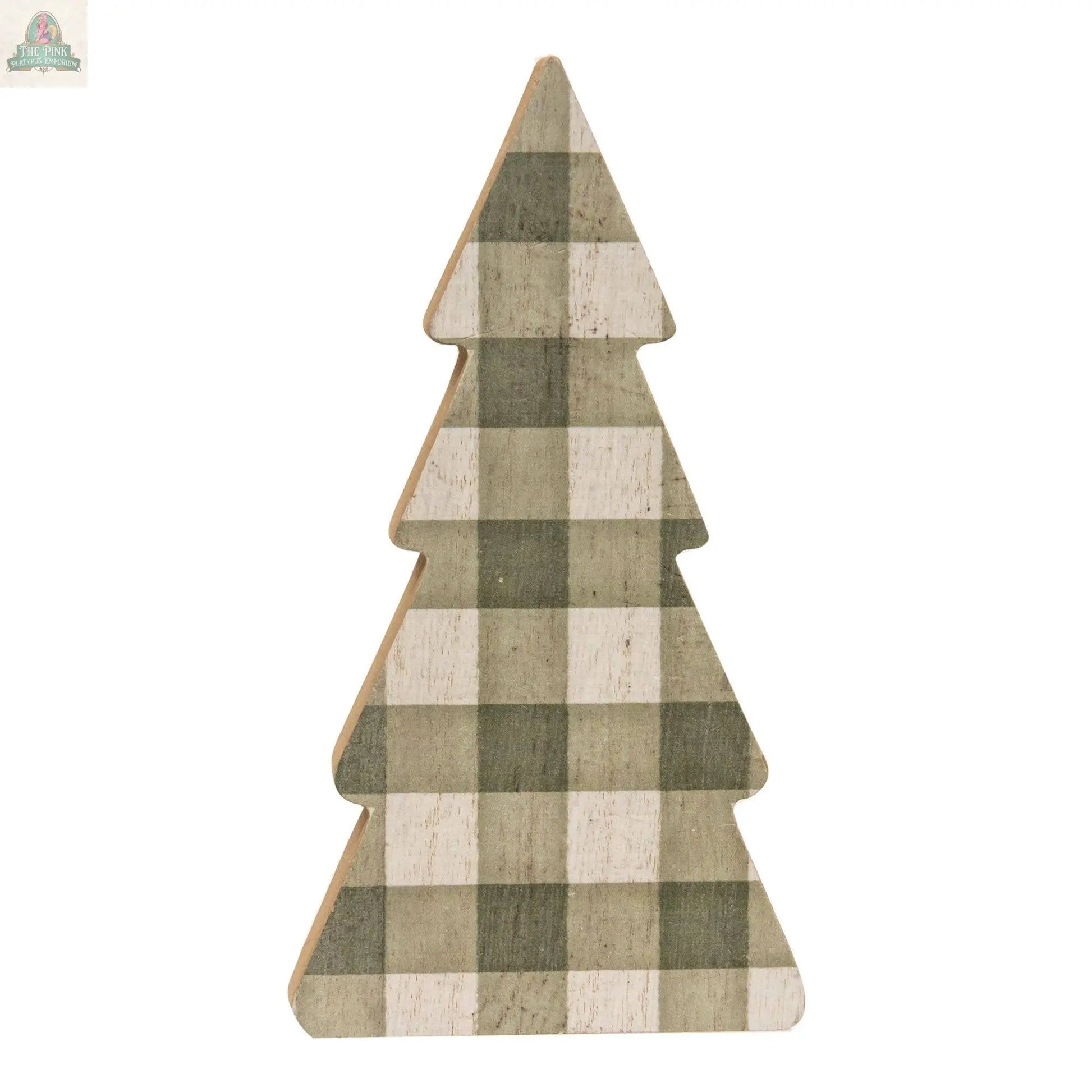 The 3/Set Country Print Chunky Trees features wooden Christmas tree sitters in green and white plaid, shaped like pine trees, making charming holiday decor accents against a white background.