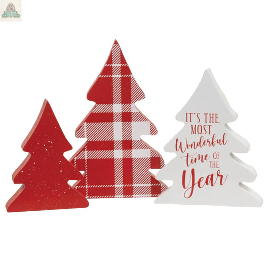 The 3/Set Most Wonderful Time Christmas Tree Sitters features a red with white speckles tree, a red and white plaid tree, and a tree with red holiday text—perfect festive decor for brightening up your mantel.
