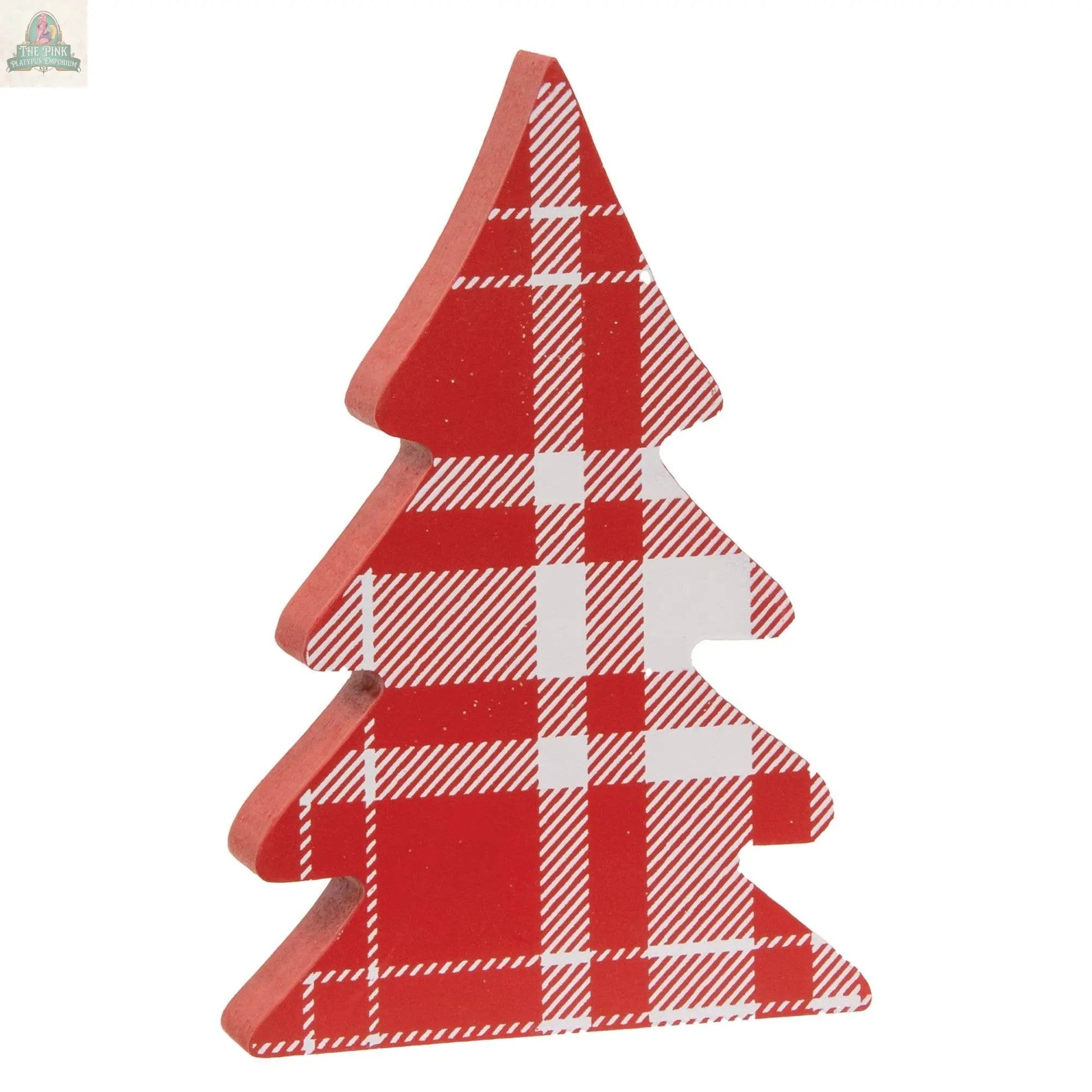 The 3/Set Most Wonderful Time Christmas Tree Sitters feature wooden holiday decorations with a red and white plaid pattern, simple layered shapes, and flat bases—perfect festive accents for your mantel display.