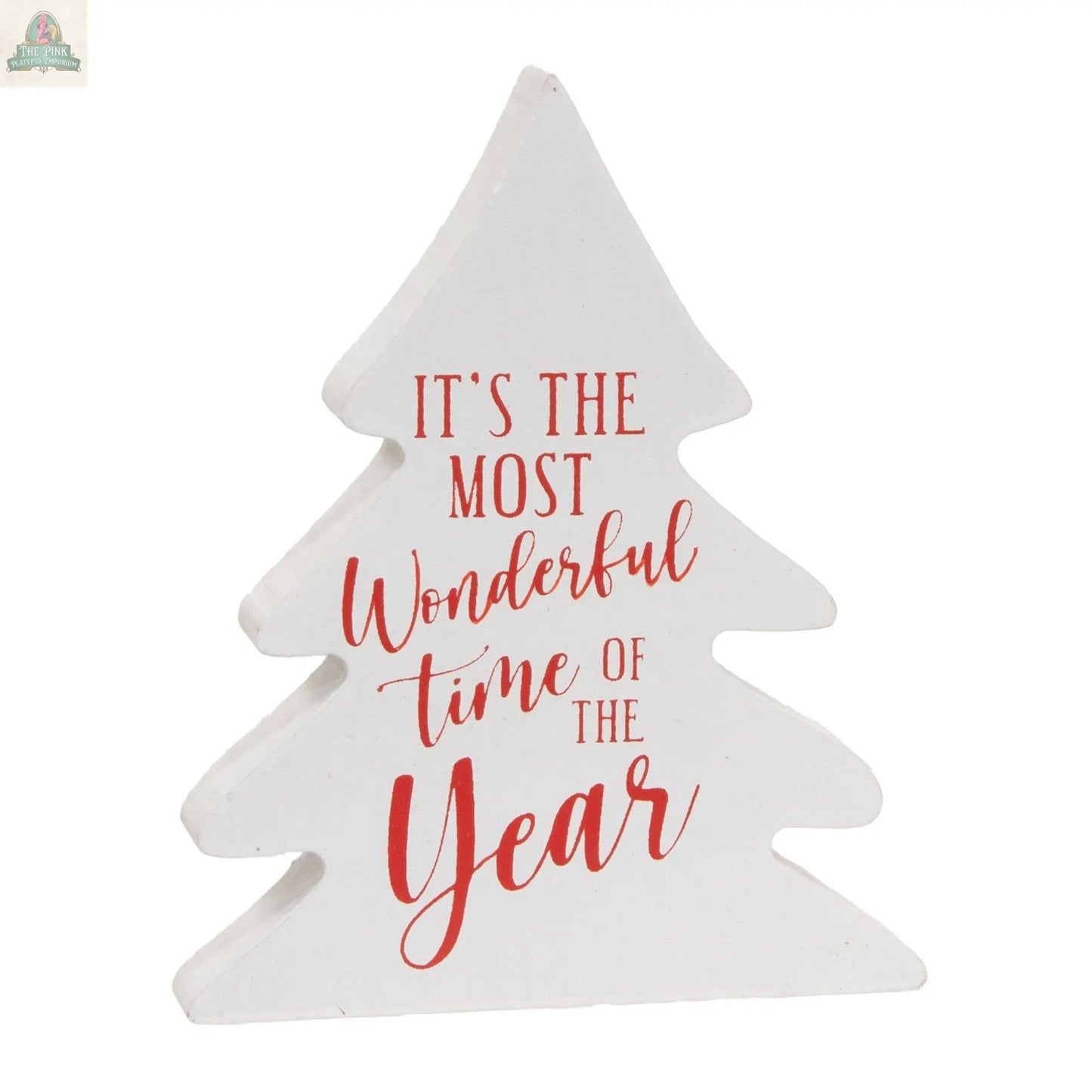 The 3/Set, Most Wonderful Time Christmas Tree Sitters are white, tree-shaped decorations with red text that reads, “It’s the most wonderful time of the year,” perfect for your mantel or festive holiday decor.