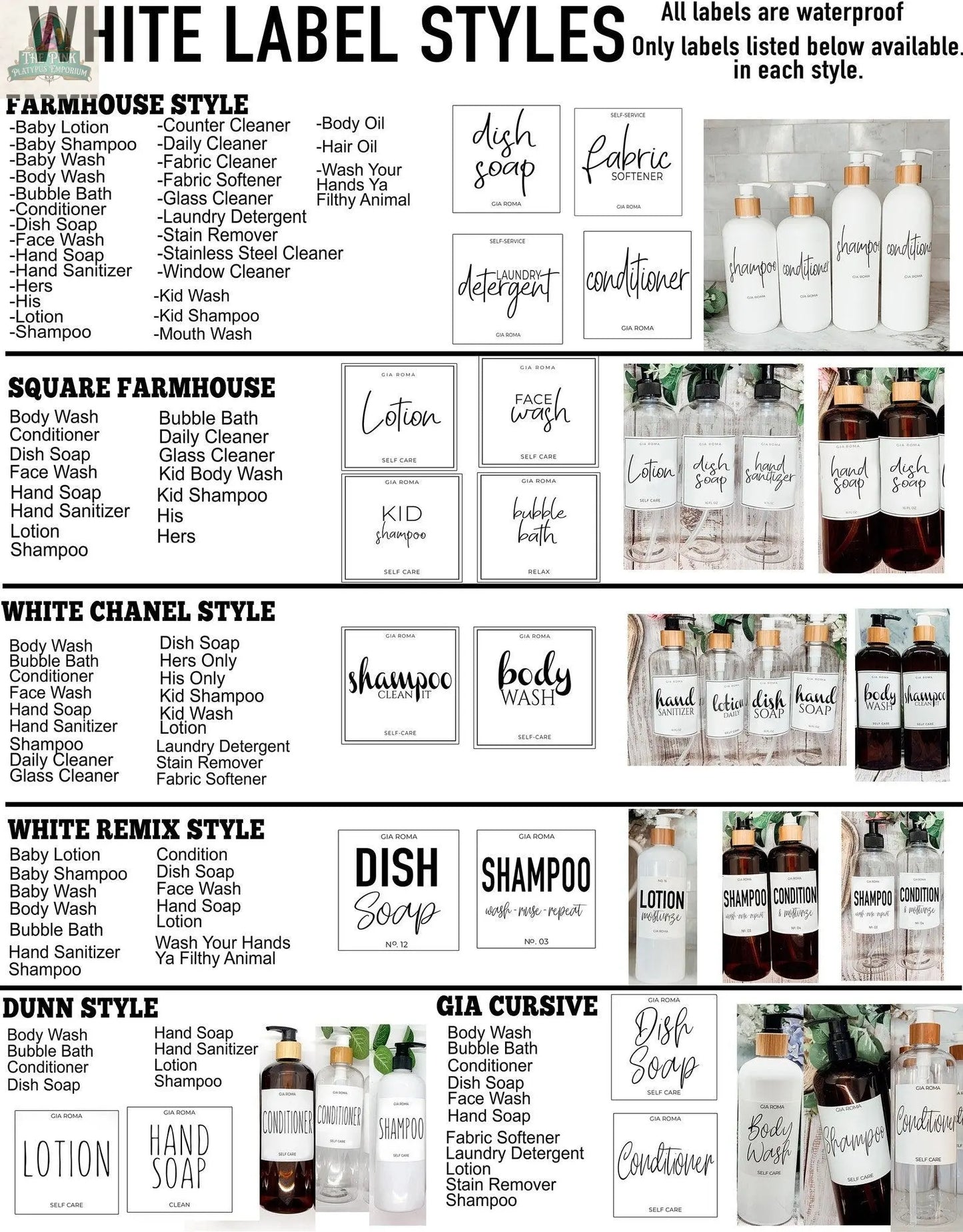A chart showcases waterproof label styles for 32oz Plastic White Dispensers—including Farmhouse, Square Farmhouse, White Chanel, White Remix, and Gia Cursive—with sample text for home and body products; ideal for reusable or refillable bottles.
