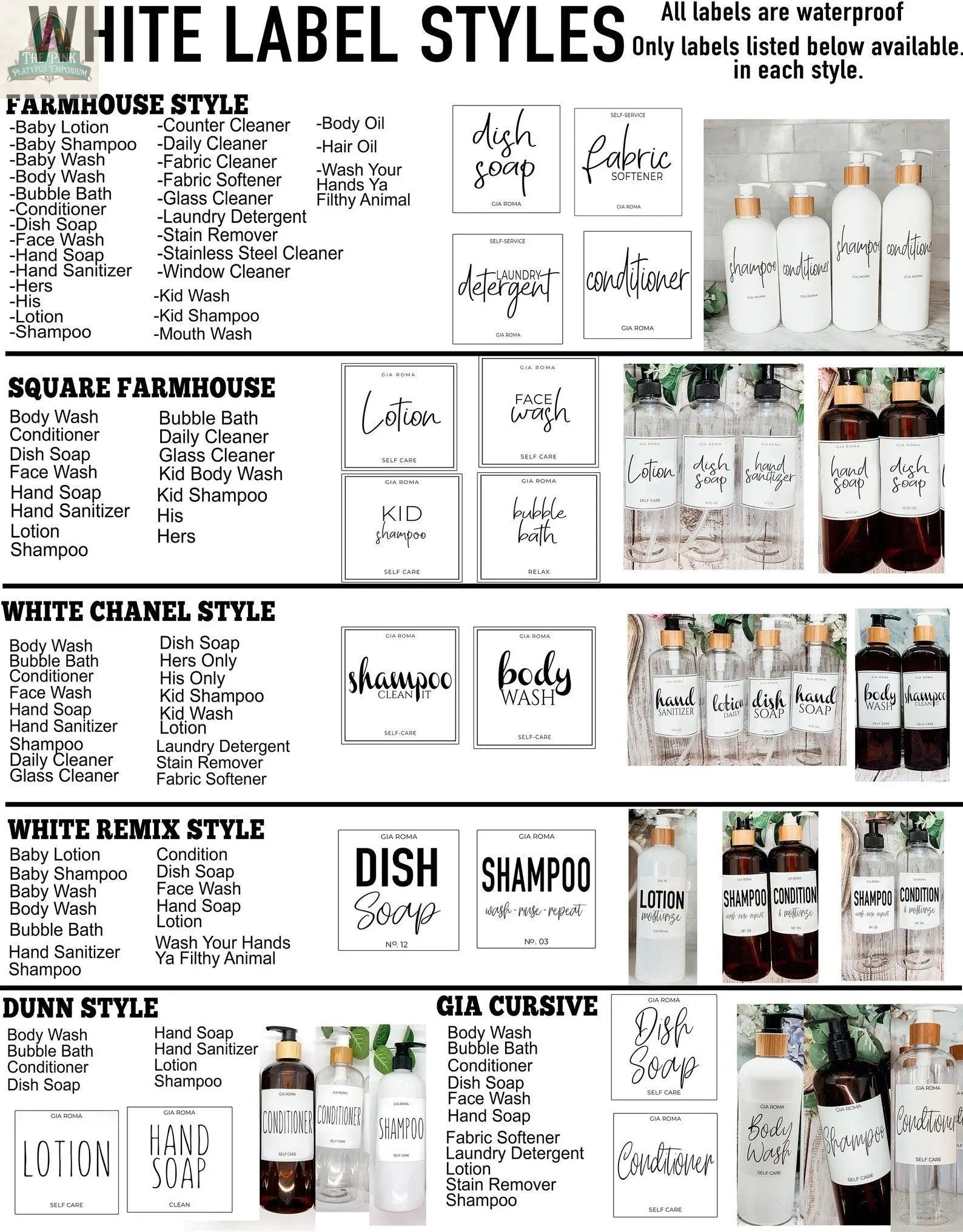 A chart showcases waterproof label styles for 32oz Plastic White Dispensers—including Farmhouse, Square Farmhouse, White Chanel, White Remix, and Gia Cursive—with sample text for home and body products; ideal for reusable or refillable bottles.
