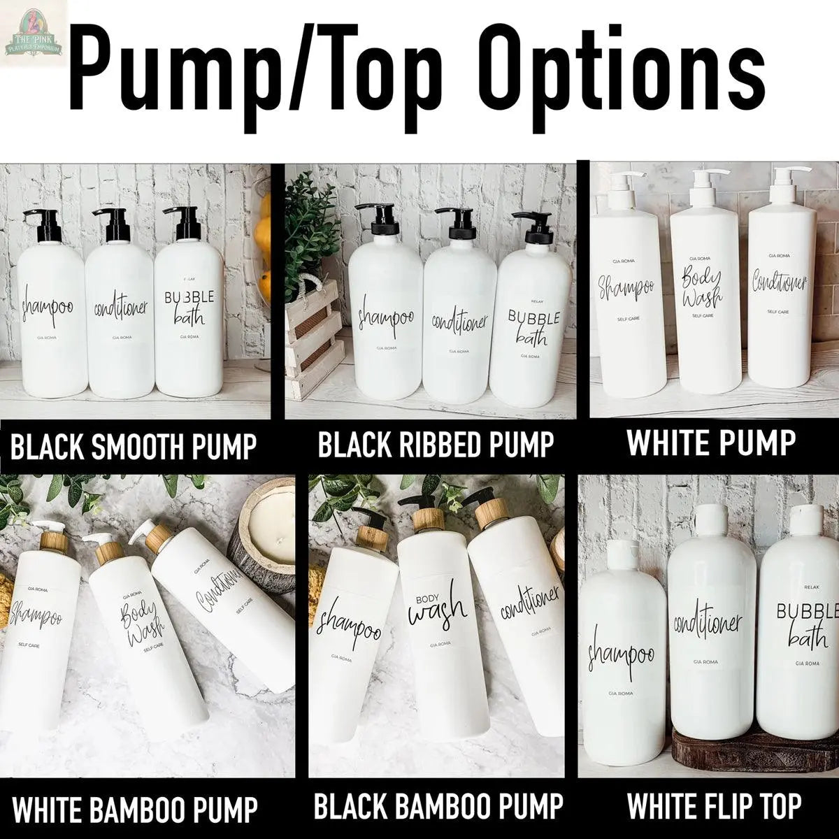 The 32oz Plastic White Dispensers are shown with six pump/top options: black smooth, black ribbed, white, white bamboo, black bamboo pumps, and a white flip top.