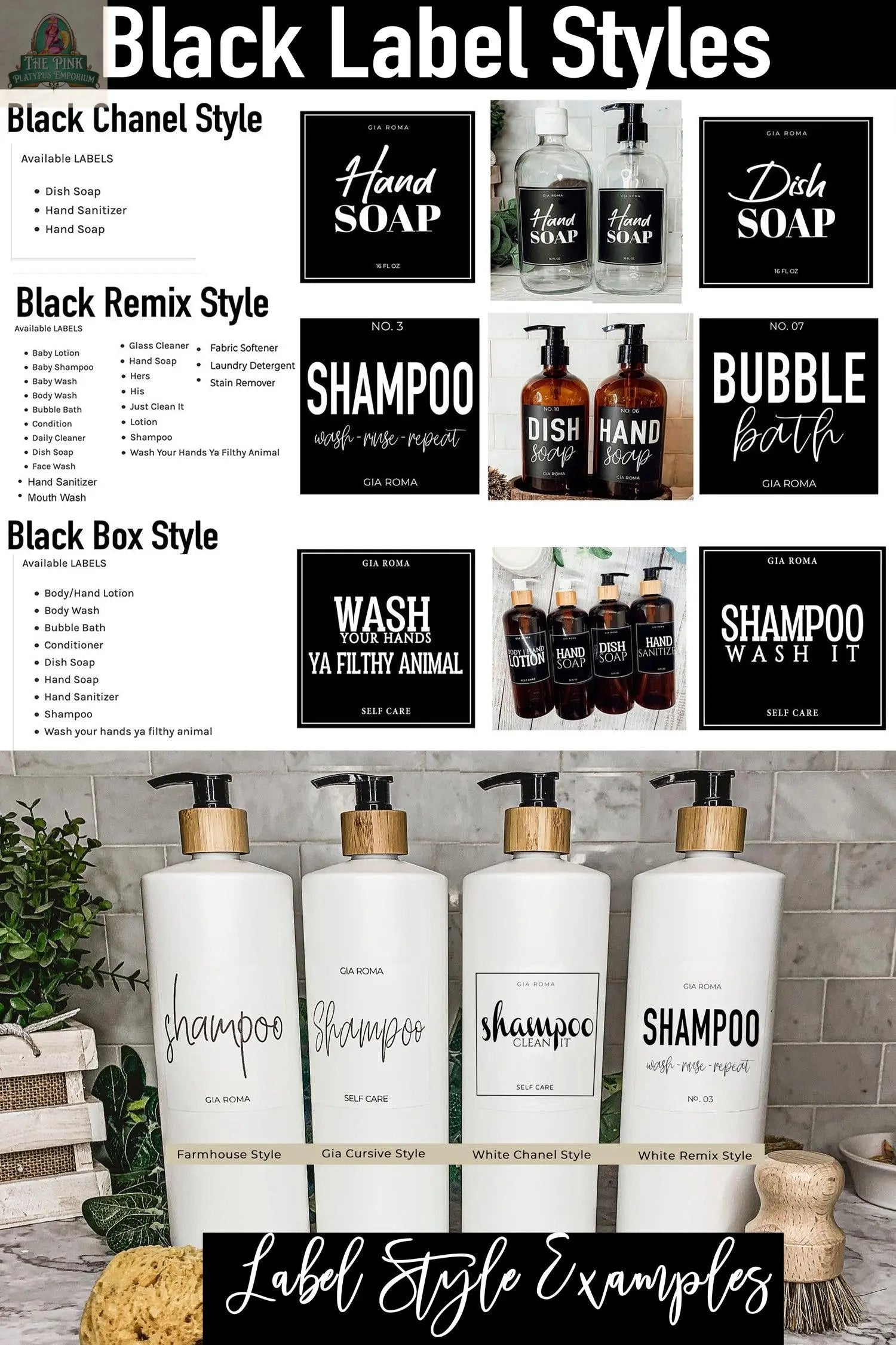 A collage shows black-and-white label designs for 32oz Plastic White Dispensers, including hand soap and shampoo, with reusable bottles, style names, waterproof label choices, and customizable text and layout examples.