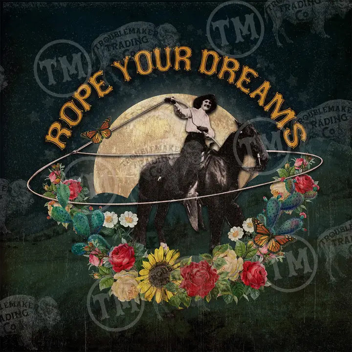 western wall art of a person on horseback with 'Rope Your Dreams' text, surrounded by flowers and butterflies.