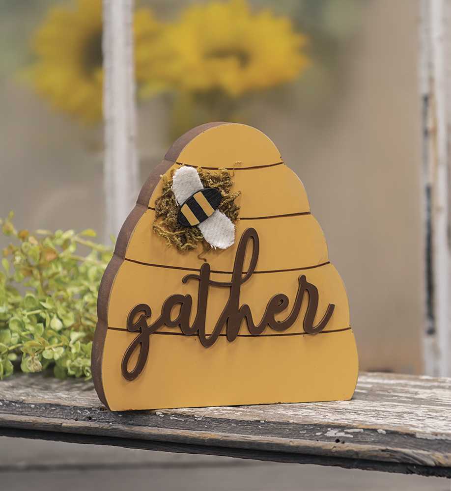 Wooden Beehive Decor with Bumble Bee | Gather Farmhouse Sitter