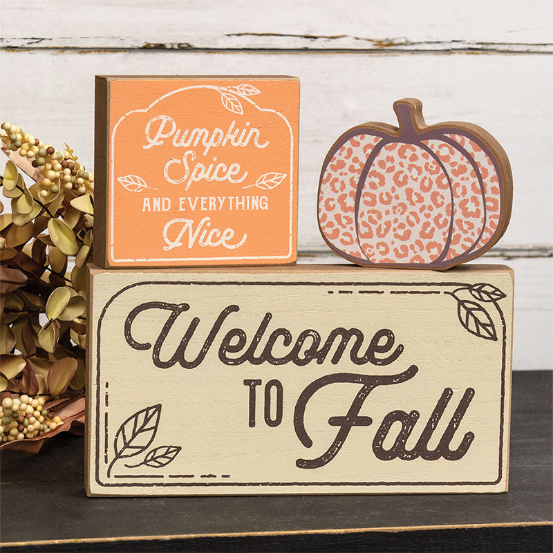 Welcome to Fall Wood Block Decor with Leopard Pumpkin – 3 Piece Set