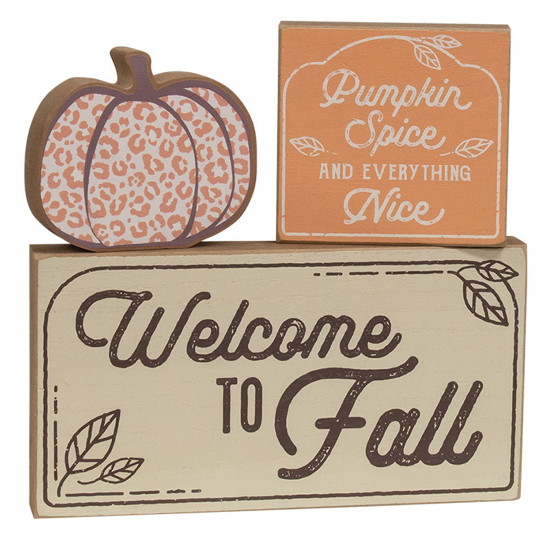 Welcome to Fall Wood Block Decor with Leopard Pumpkin – 3 Piece Set