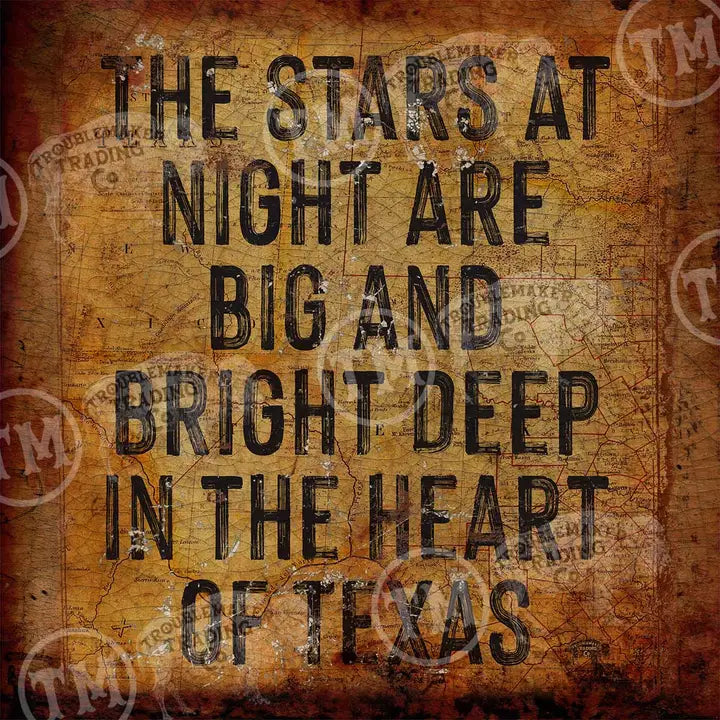 Text on a textured background with 'TM' logos, featuring a quote about stars in Texas.