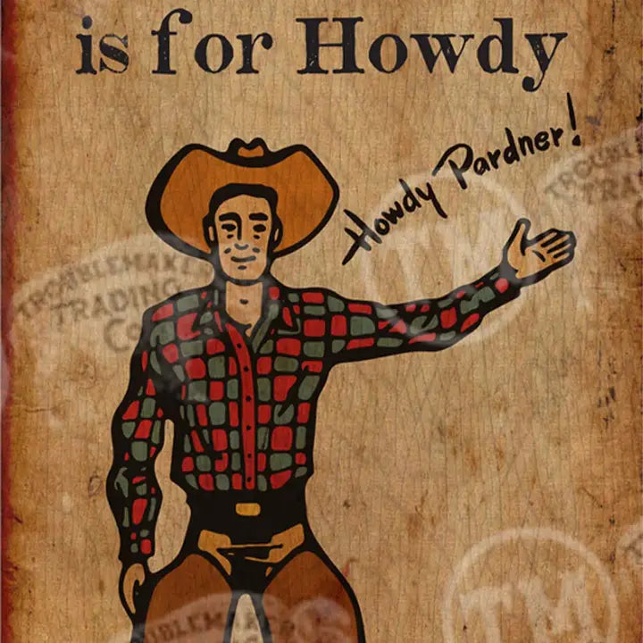 Western wall art with a Cartoon cowboy with a plaid shirt and cowboy hat on a wooden background with 'Howdy Pardner!' text.