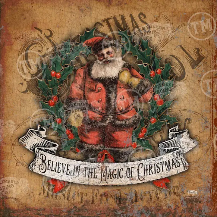 Vintage-style illustration of Santa Claus with holly and berries on a textured background.