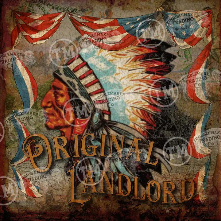 Vintage-style album cover with Native American headdress and American flags, featuring the text 'Original Landlord'.