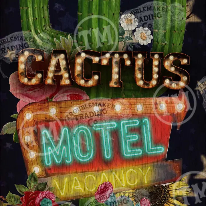 western wall art Neon sign for 'Cactus Motel' with cacti and flowers in the background