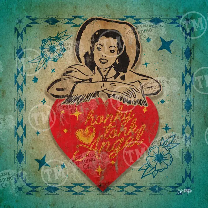 Vintage-style illustration of a woman holding a red heart with 'Honky Tonk Angel' text on a textured background.
