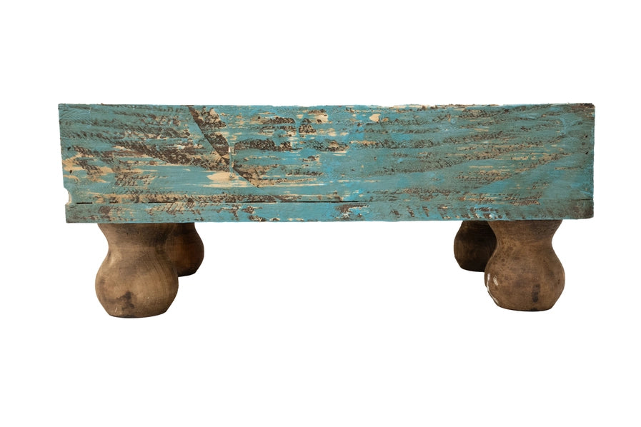 housewarming gift idea - Rustic wooden bench with a distressed blue top on a white background