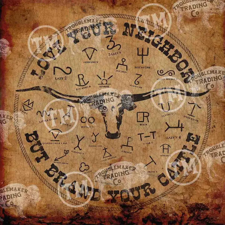 Vintage-style graphic with text and symbols on a brown background