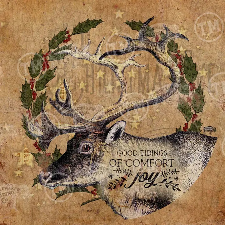 farmhouse wall decor of a deer with antlers and holly leaves on a textured background with text.