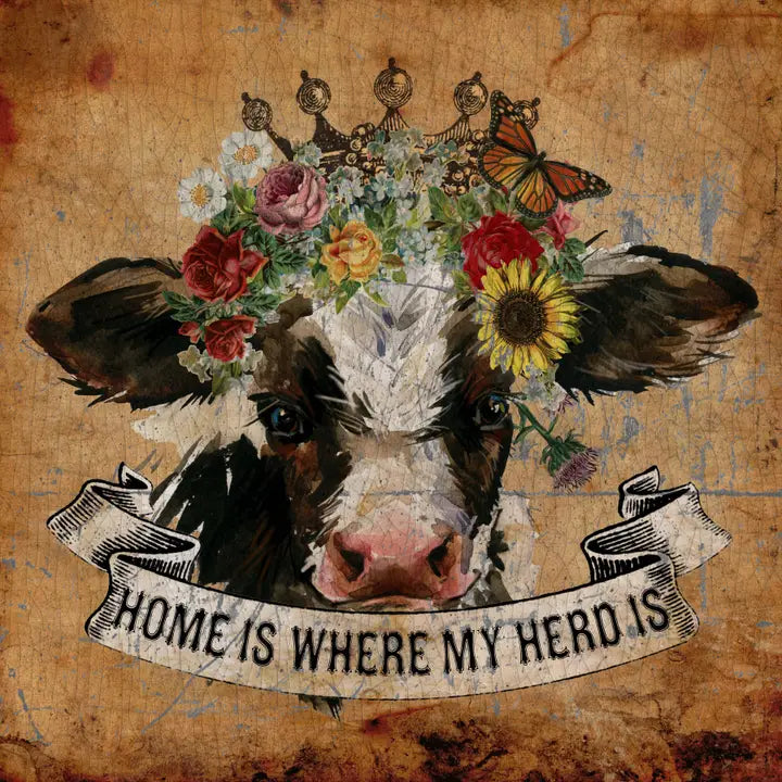 Illustration of a cow with flowers and a banner on a textured background - unique housewarming gift