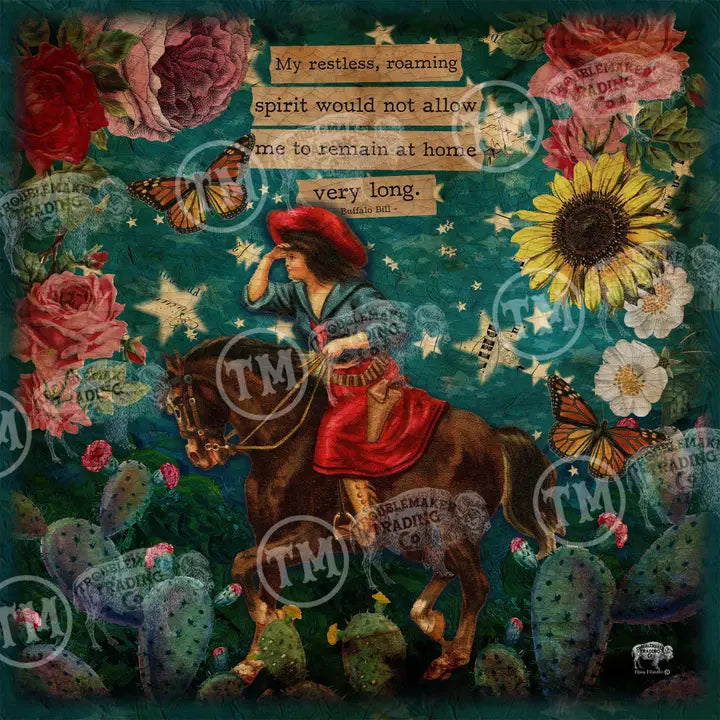 Collage with a person on horseback, flowers, and text on a teal background